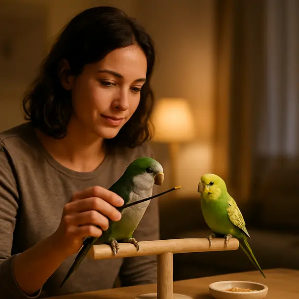 Pet carer handling two small parrots on a training perch with treats and a target stick in a warm indoor setting