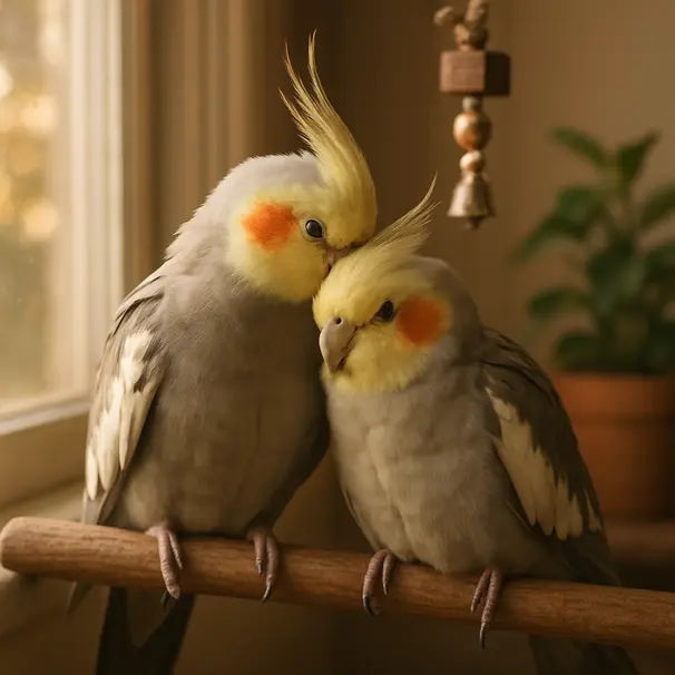 Two cockatiels preening on a wooden perch by a sunlit window with toys and a plant in the background