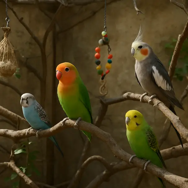 Indoor aviary with budgies, a cockatiel and a lovebird on natural branches with toys and perches