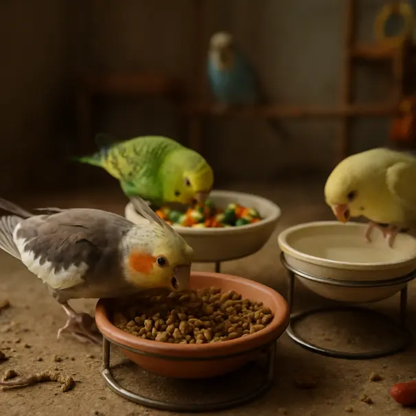 Feeding area with three bowls on different levels, birds eating pellets and vegetables in a calm indoor setting