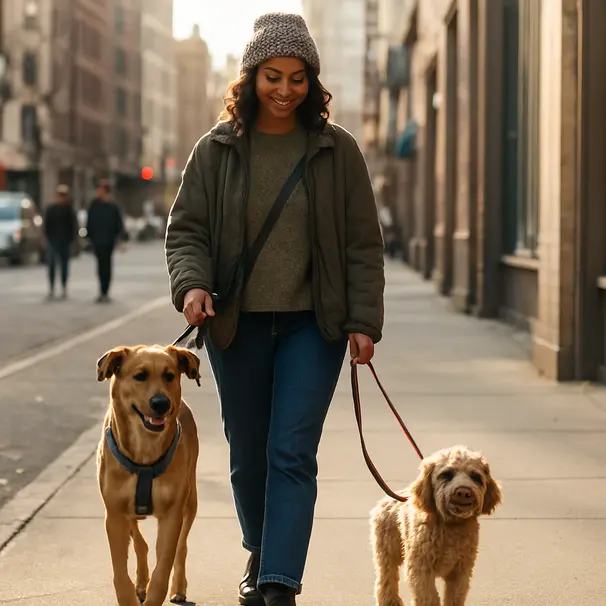 Een vriendelijke pet carer wandelt twee verschillende honden door een stadsstraat in de namiddag