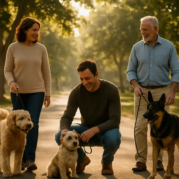 Drie buurtbewoners praten tijdens een ochtendwandeling met verschillende honden op een boomrijk pad