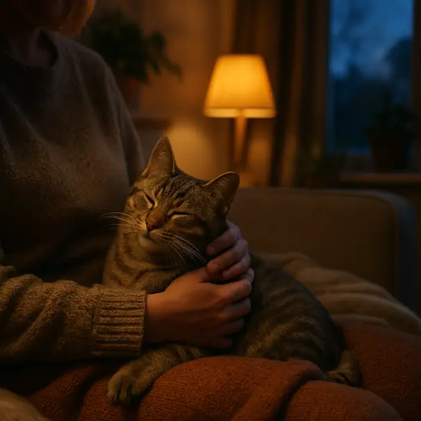 Persoon knuffelt thuis een tevreden kat op de bank bij warm lamplicht in de avond