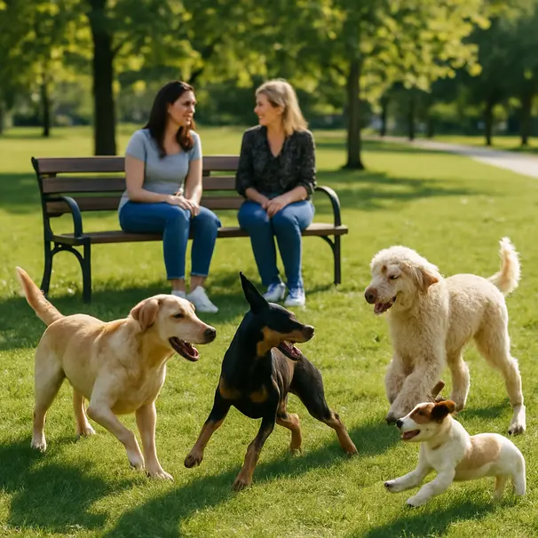 Honden spelen in het park terwijl eigenaren op een bankje zitten en met elkaar praten