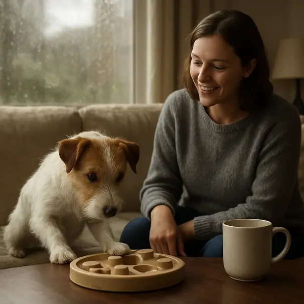 Terrier solving a puzzle feeder on a coffee table inside a home during rainy weather, with owner and carer watching and smiling