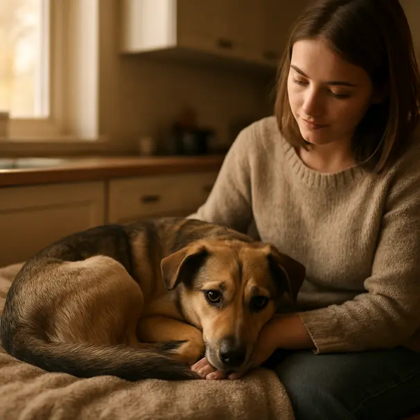 Shy mixed-breed rescue dog resting beside a foster carer on a blanket in a sunlit kitchen, showing trust and calm