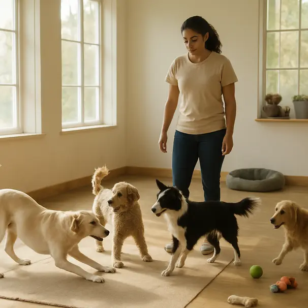 Various dog breeds playing under the supervision of a carer in a sunny daycare space, showing socialization and structured play