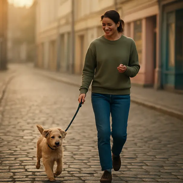 Terrier puppy walking beside a dog walker on an early morning city street, leash training and positive reinforcement in action
