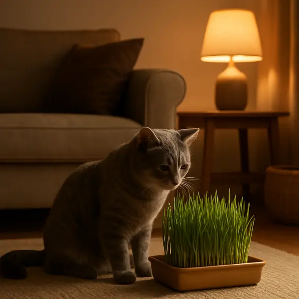 Gray cat watching a tray of cat grass on a low shelf in a cozy living room illuminated by warm lamp light