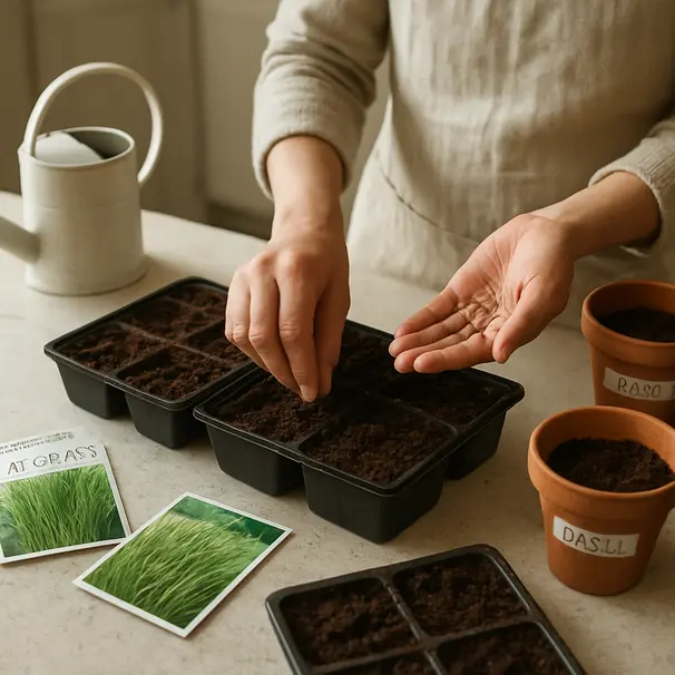 Hands sowing cat grass seeds into shallow trays on a kitchen counter with a watering can and seed packets visible