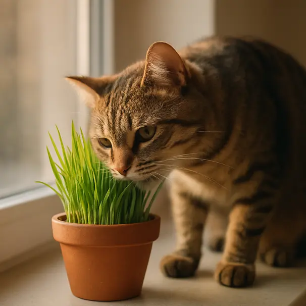 Tabby cat nibbling cat grass in a small pot on a sunny windowsill, indoor domestic scene