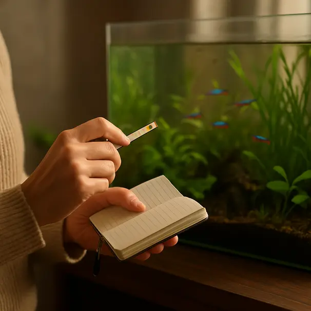 Pet carer die waterwaarden test met teststrips naast een beplant aquarium met kleine kleurrijke vissen, ochtendlicht