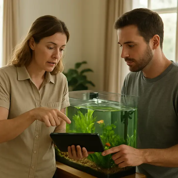Pet carer en eigenaar praten bij een goed onderhouden aquarium, apparatuur zichtbaar, ze bekijken een checklist op een tablet, middaglicht