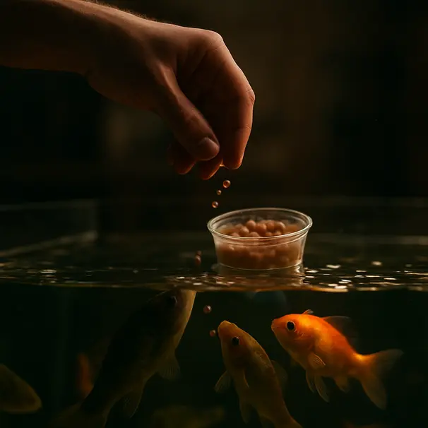 Hand die gevarieerd voer aanreikt boven een aquarium met vissen die naar het oppervlak zwemmen, schemerlicht