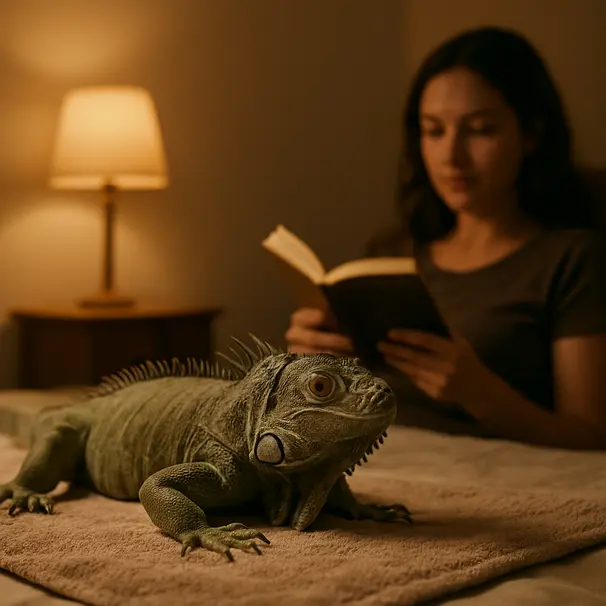 Iguana acomodándose en una habitación tranquila de alquiler con luz cálida y el dueño observando