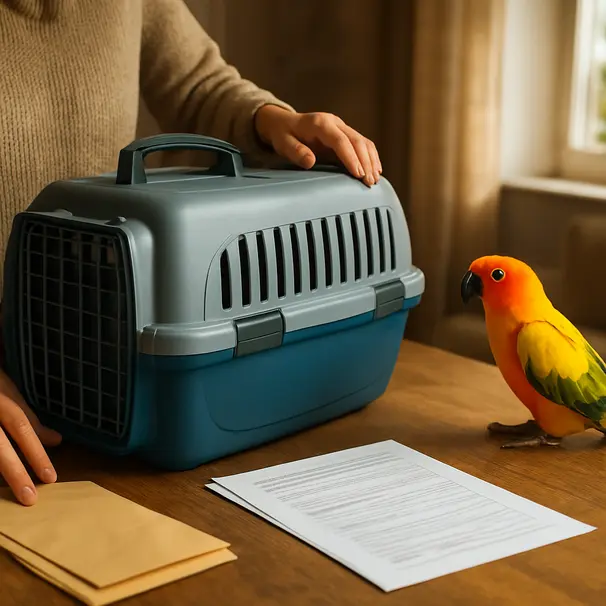 Dueño preparando un transportín en casa con un loro cerca, documentos y luz natural