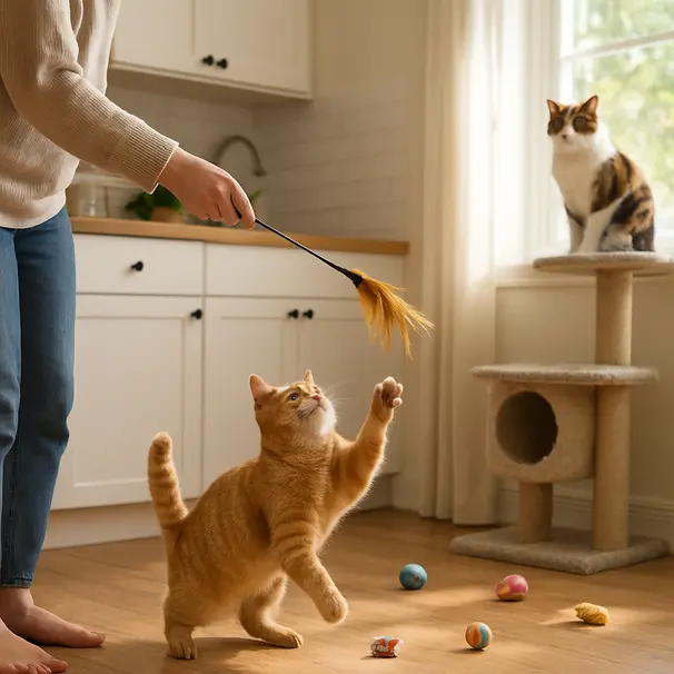 Person playing with an orange tabby using a feather wand while a calico watches from a cat tree, indoor daytime scene