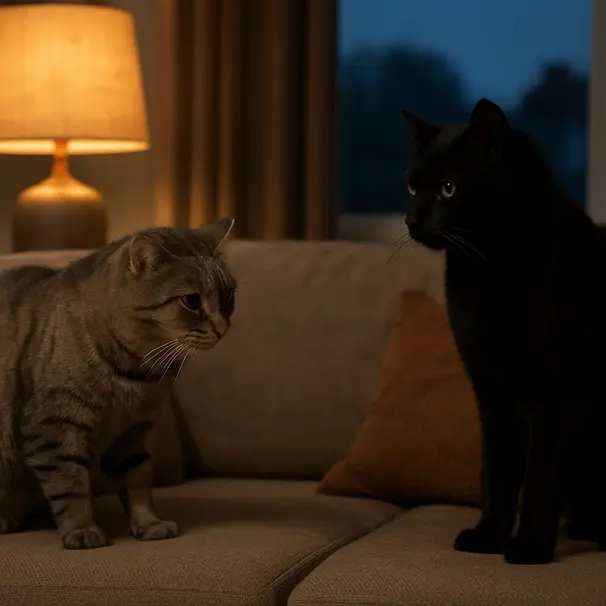 Two cats on a living room couch facing each other in a tense moment, one grey tabby and one black cat, indoor evening lighting