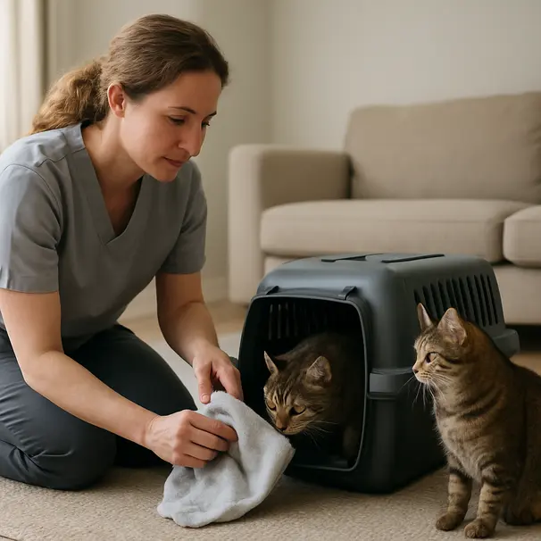 Pet carer supervising a slow cat introduction with one cat in a carrier and another nearby, calm home environment