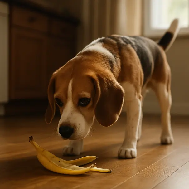 Beagle sniffing a banana peel on a sunlit kitchen floor, investigating the peel near cabinets and a rug