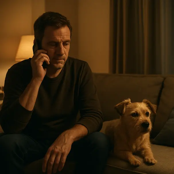 Owner on phone consulting a vet while a small terrier lies on the couch, living room setting with warm lighting