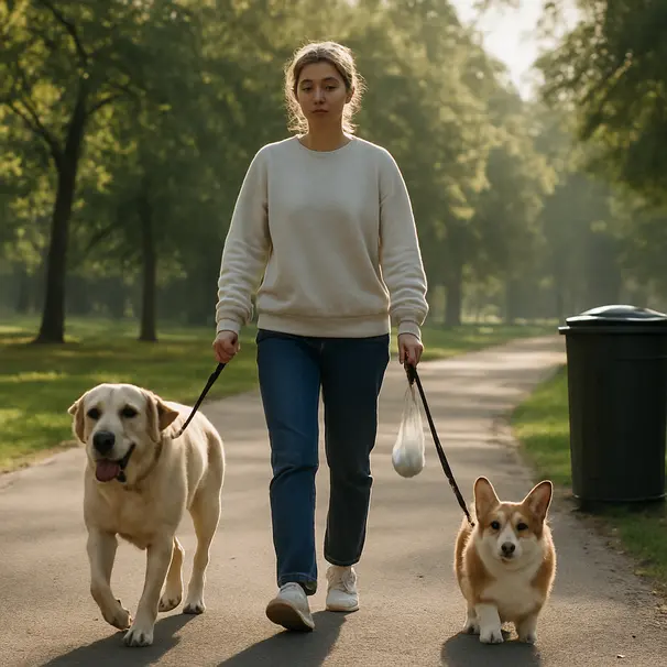 Pet carer walking a labrador and a corgi past a closed trash bin in a sunny city park, leash and sealed bag visible