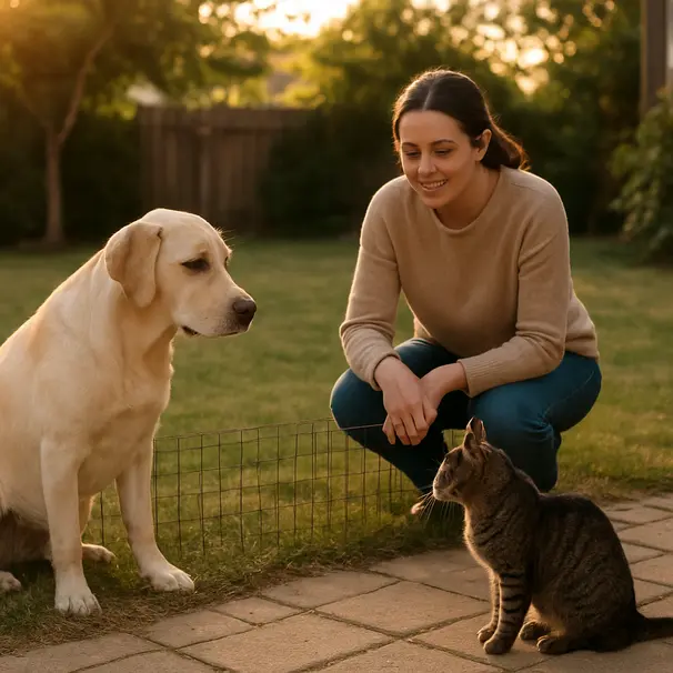 Incontro controllato in giardino tra un Labrador tranquillo e un gatto cauto, con un pet carer che supervisiona lo spazio neutro