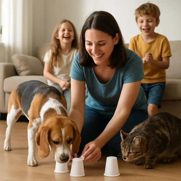 Pet carer e bambini che giocano a nascondino con premi, un beagle e un gatto tabby che annusano le coppe nella stanza luminosa