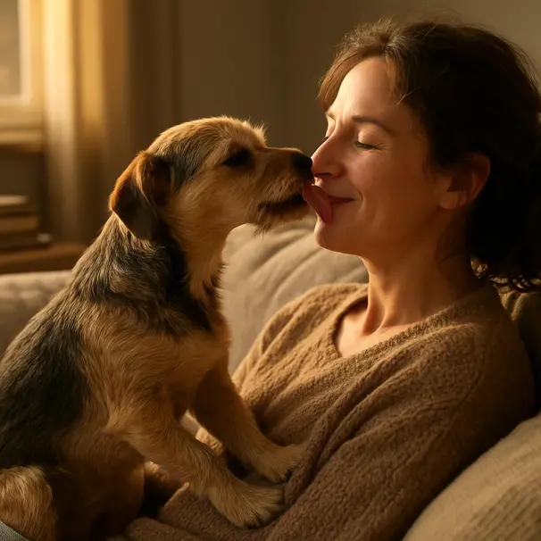Small mixed-breed dog licking owner's face on living room couch in warm afternoon light showing affectionate interaction.