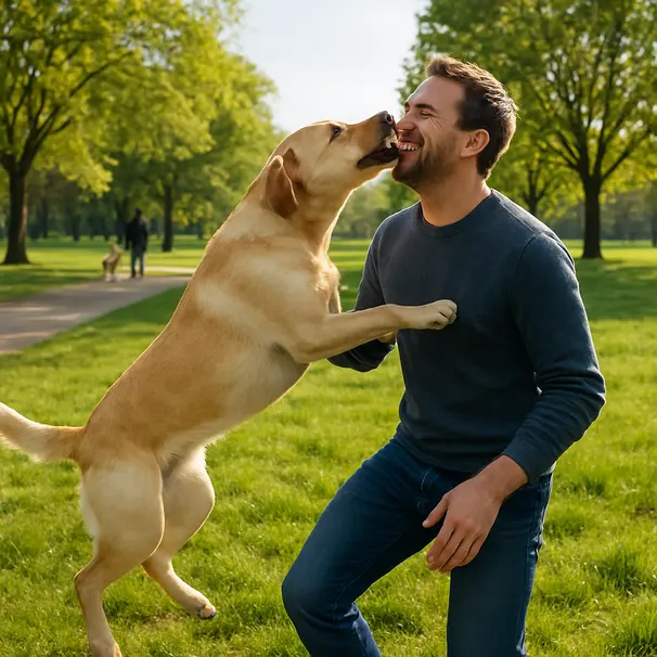 Yellow Labrador jumping to lick a person's face in a sunny city park, joyful greeting moment.