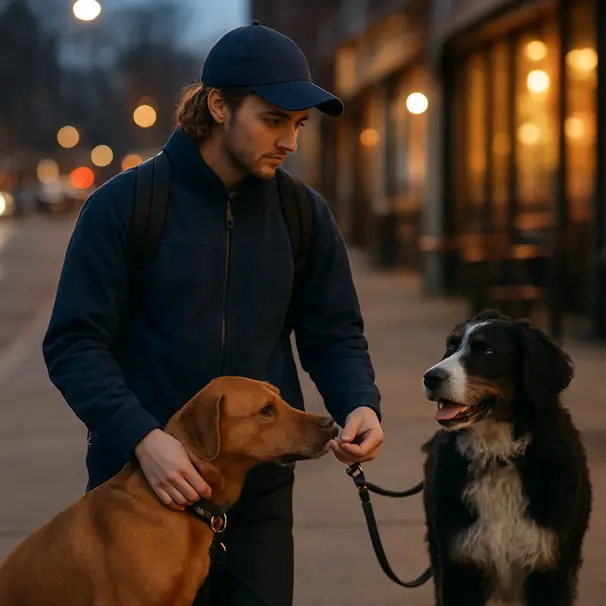 Pet carer walking two dogs on a city street, one dog leaning to lick the carer's hand in warm evening light.