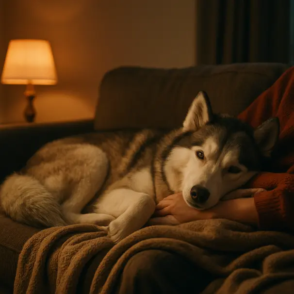 Alaskan Malamute with pale blue eyes cuddling on a sofa in a warm lit living room, relaxed and comfortable