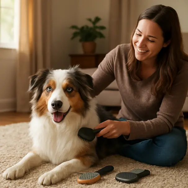 Australian Shepherd with one blue eye being brushed indoors on a rug, person grooming and natural light from a window