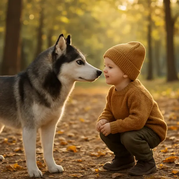 Siberian Husky with blue eyes meeting a child in a sunlit park, gentle sniffing and playful interaction