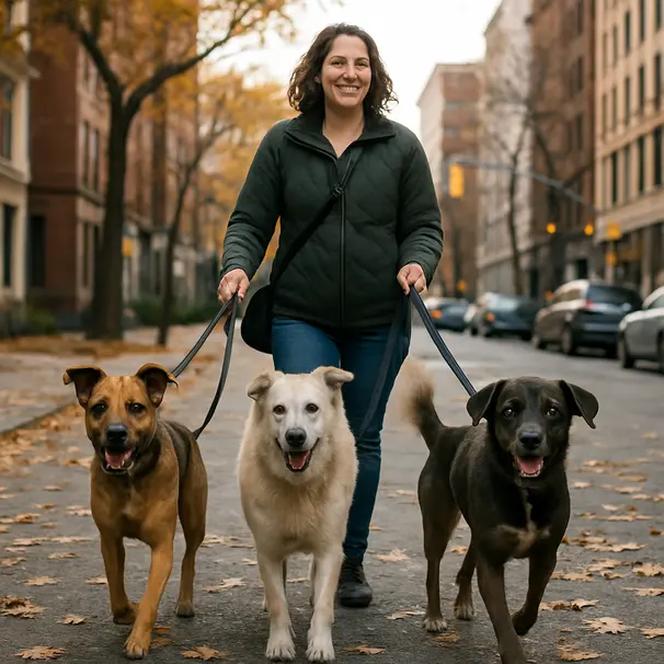 Pet carer walking three mixed-breed dogs on a city sidewalk in late afternoon, one dog with blue eyes among them
