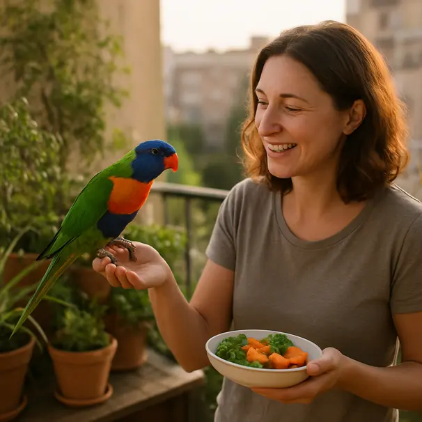 Persona alimentando a un loro colorido en el balcón con luz de la mañana.