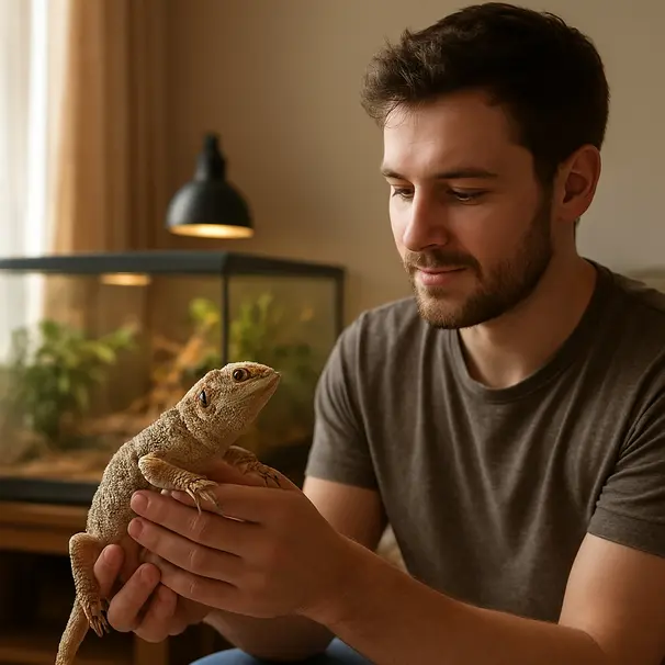 Dueño presentando una dragoncita en la sala, terrario al fondo y luz natural.
