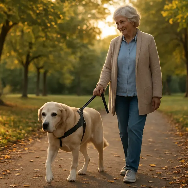 Senior Labrador being walked slowly by a caregiver in a leafy park during golden hour, using a gentle harness