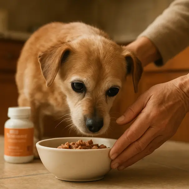 Senior small-breed dog eating moist food from a bowl in a kitchen while owner watches, supplement bottle visible on counter