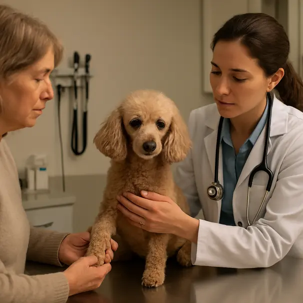 Senior poodle on a veterinary exam table being gently examined by a veterinarian while caregiver holds the dog's paw