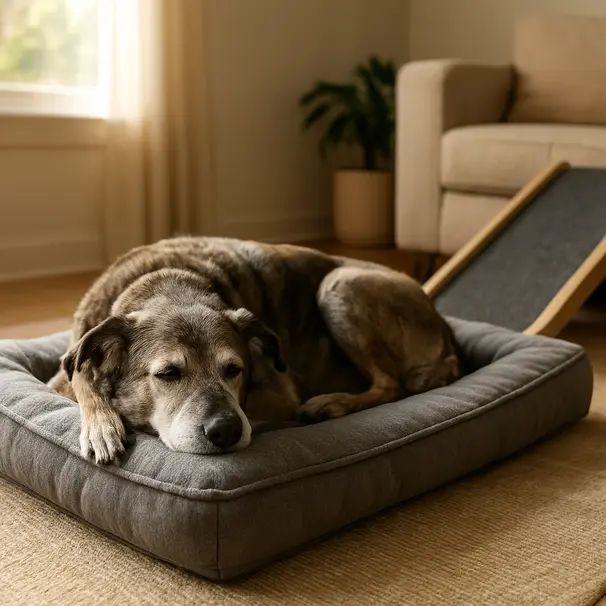 Senior mixed-breed dog lying on an orthopaedic bed in a sunlit living room with a pet ramp and non-slip rug nearby