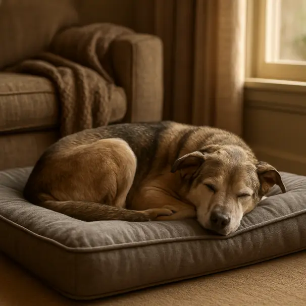 Senior mixed-breed dog curled up on an orthopaedic bed in a sunlit living room, sleeping peacefully with a blanket nearby