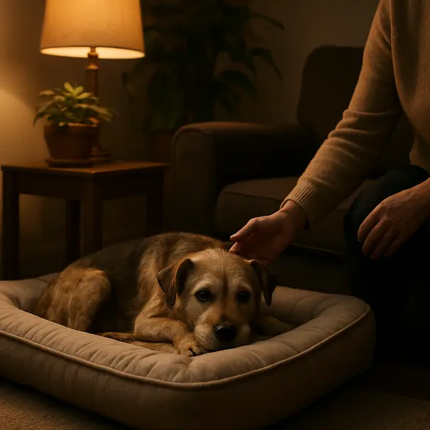 Small senior terrier resting head on a bolstered orthopaedic bed in a cozy evening-lit living room, carer nearby offering comfort