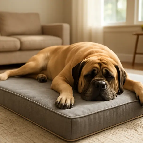 Large mastiff sprawled on a rectangular orthopaedic dog bed in a bright family room, appearing relaxed and comfortable