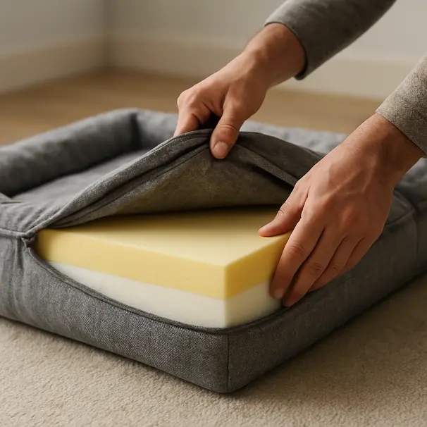 Hands unzipping an orthopaedic dog bed cover to reveal layered high-density memory foam in a home setting