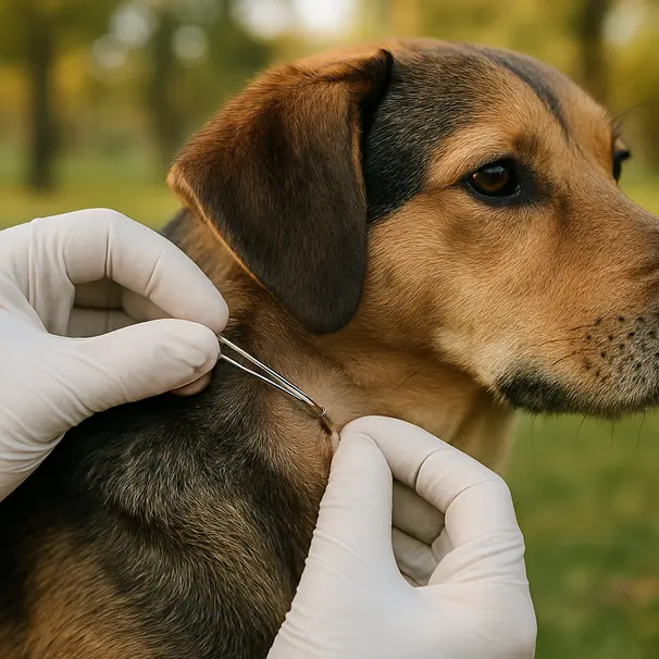 Gloved hands removing tick from mixed-breed dog with fine-tipped tweezers in park