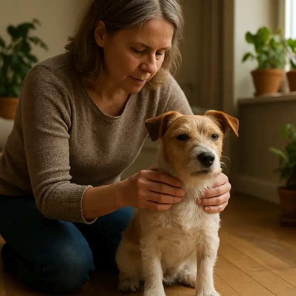 Woman checking small terrier indoors, parting fur to inspect neck and chest for ticks