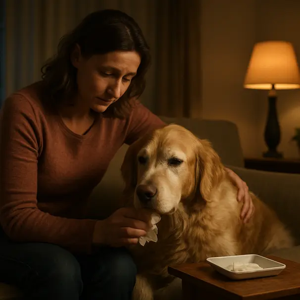 Person comforting golden retriever on sofa after tick removal with antiseptic wipe nearby