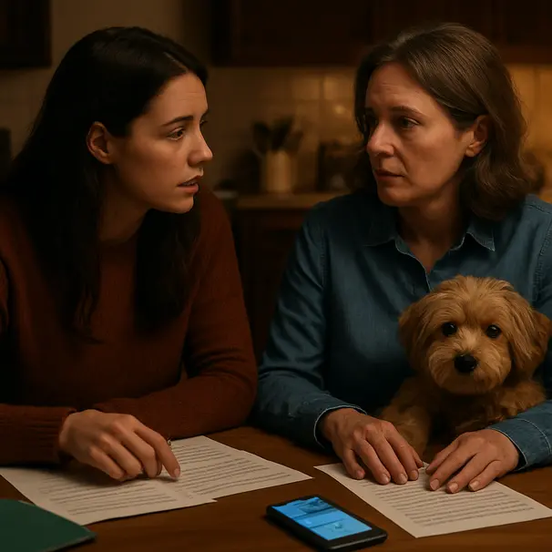 Un pet carer et un propriétaire discutent d'un plan d'urgence autour d'une table, dossiers et contacts vétérinaires visibles.