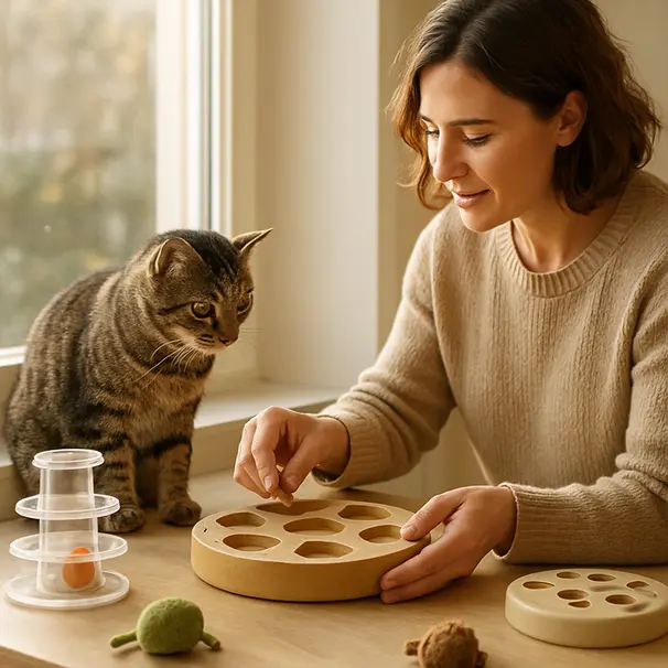 Un pet carer joue avec un chat sur un rebord de fenêtre ensoleillé, utilisant des jouets d'enrichissement.